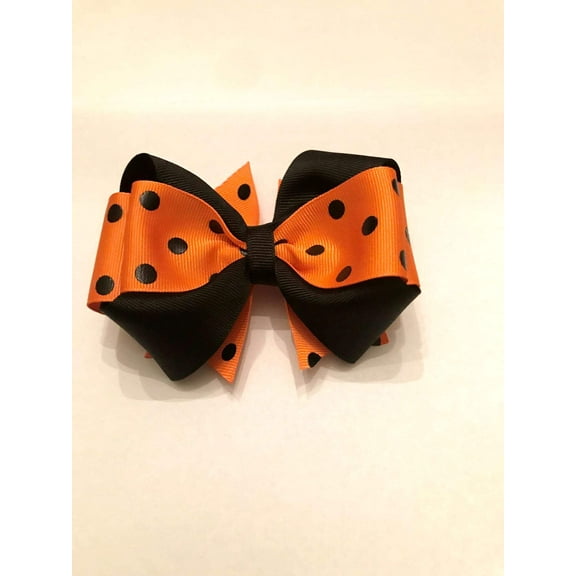 "LADY BUG" BLACK POLKA DOT ON ORANGE SOLID RIBBON HAIR BOW HAIR BARRETTE CLIP ACCESSORY