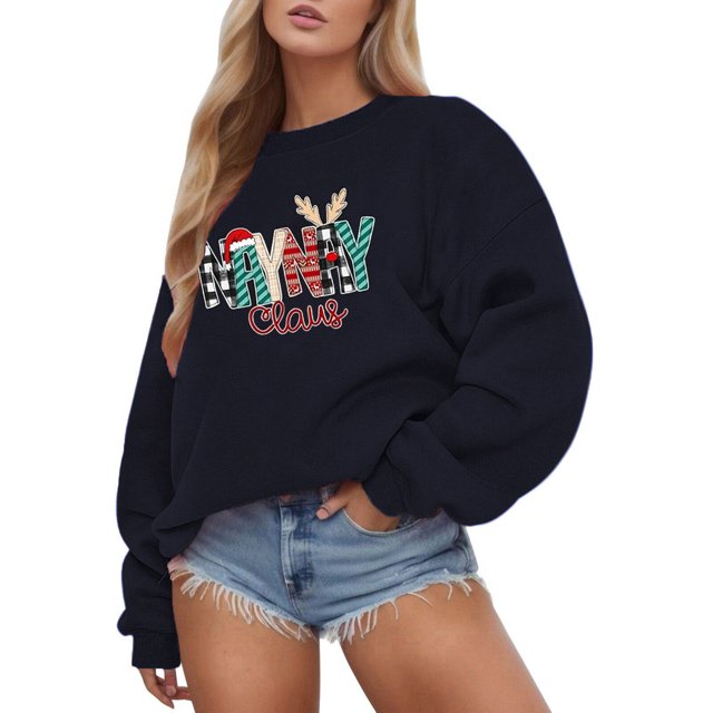 Gibobby Sudadera Navidad mujer Sudadera con manga y hombros y estampado navideño de color liso para mujer(Marina,G)