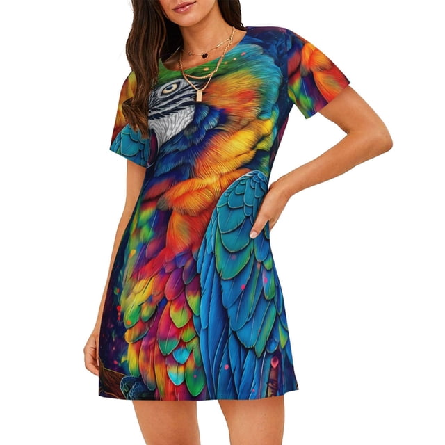Fotbe Vibrant Rainbow Parrot Fantasy Bata de Dormir para Mujer con Estampado, Camisón de Algodón de Manga Corta, Ropa de Dormir Casual