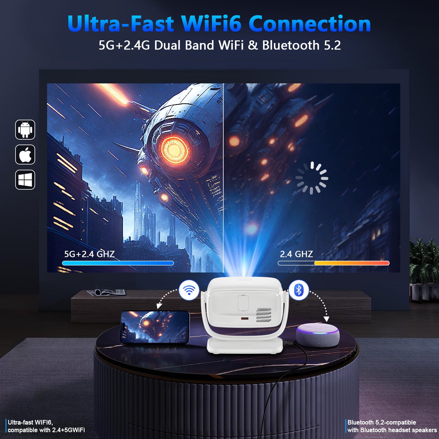 Projector 4K,AILKIN Portable Mini Smart Projector HD Outdoor Movie Home Theater,Auto Focus 2.4G/5G Support Native 1280P 130" Projector with Wifi and Bluetooth Compatible with iOS/Android