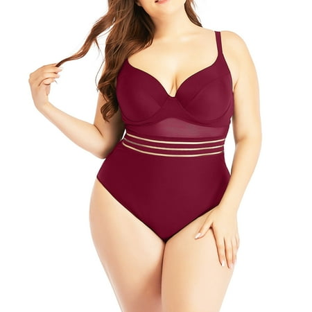 Plus Size Swimsuit for Women One Piece Plus Size Solid Color With High Elastic Nylon Material Adjustable Shoulders Underwire Points Red Swimwear Sizes 2XL