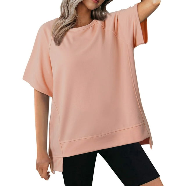 AherBiu T-Shirts Surdimensionnés pour Femmes à Manches Courtes, Col Rond, Chandail d'Été Décontracté, Coupe Ample, Irréguliers