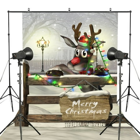 Image of 5x7ft Christmas Background Christmas Deer Decorative Lights Wood Snow Backdrop