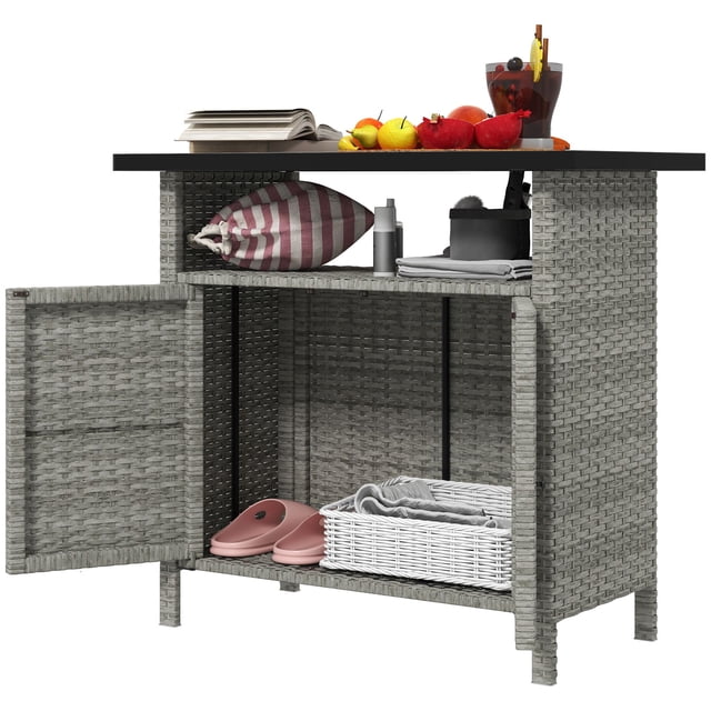 Grey PE Wicker Outdoor Storage Cabinet with Two Doors and Open Shelf, Weather Resistant Rattan Patio Sideboard for Pool, Backyard, and Spa, 35.4"L x 20.9"W x 33.5"H, Steel Frame