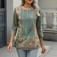 thumbnail image 5 of Women's Graphic Printed T-shirts 3/4 Length Sleeve Tees Crew Neck Spring Fall Summer Tops with Buttons (XL, Army Green), 5 of 7