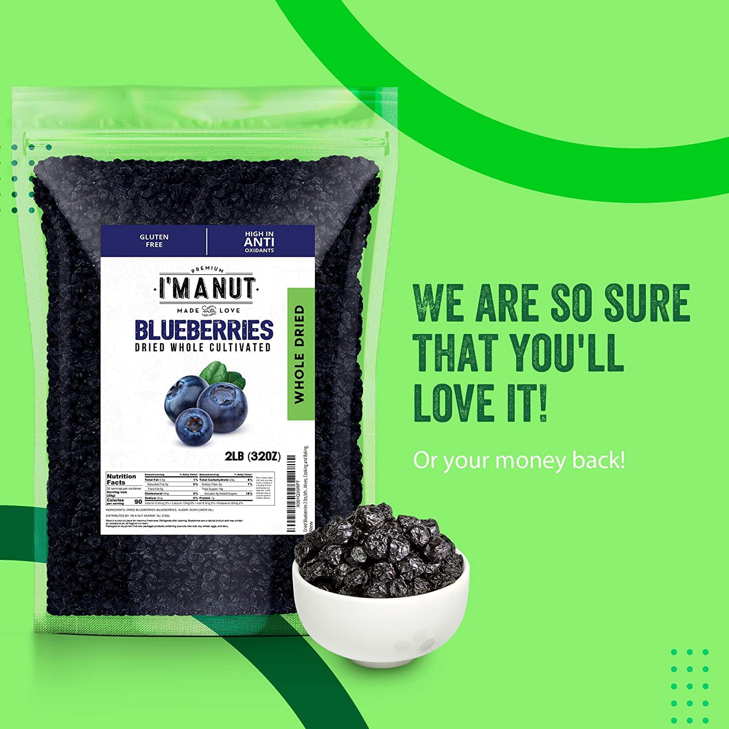 Whole Dried Blueberries- 48 oz American -Kosher Batch Tested Gluten and Peanut Free - I'M A NUT
