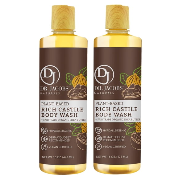 DR. JACOBS NATURALS Jabón corporal natural con manteca de karité de Castilla para hidratar la piel seca y sensible, champú con ingredientes a base de plantas, fórmula sin conservantes de gluten, 16