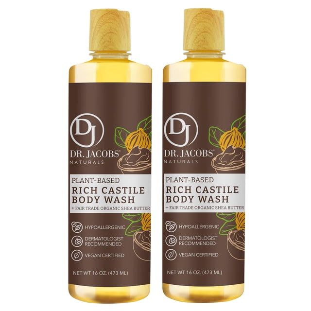 DR. JACOBS NATURALS Jabón corporal natural con manteca de karité de Castilla para hidratar la piel seca y sensible, champú con ingredientes a base de plantas, fórmula sin conservantes de gluten, 16