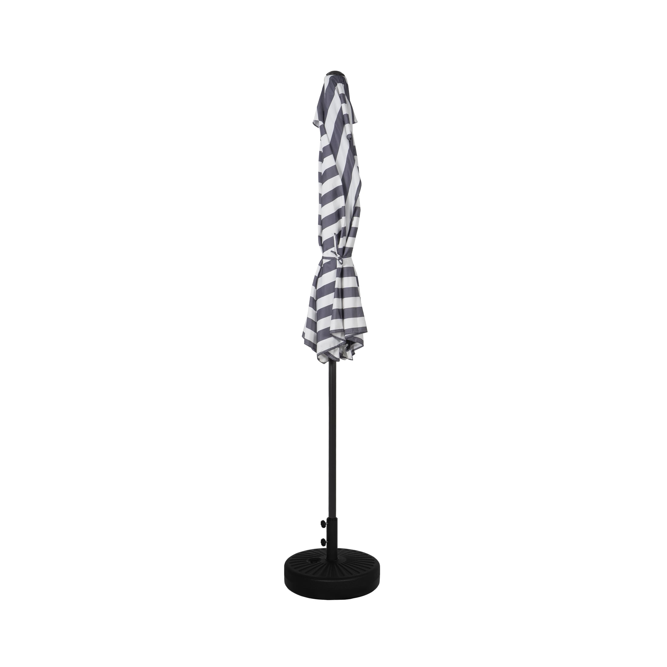 9 ft Half Market Umbella with Black Round Free Standing Plastic Base, Gray/White Stripe