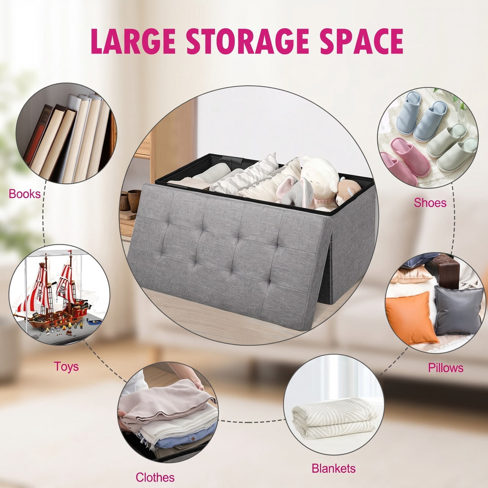 Furnibear 31.5 Inch Foldable Fabric Storage Bench Ottoman with Padded Seat and Removable Hanging Bin for Entryway, Light Gray