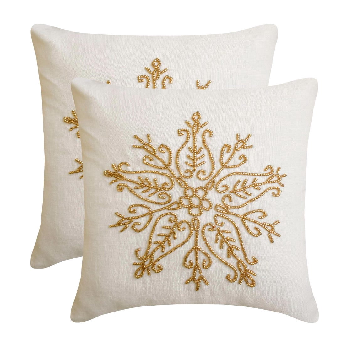 Handmade Throw Pillow cover, 22"x22" Gold Linen Cushion Cover, Contemporary Snowflake Beaded Snowflake Pillow Cover For Sofa Couch, Hotels, living Room, Bed Room - Gilded Frost