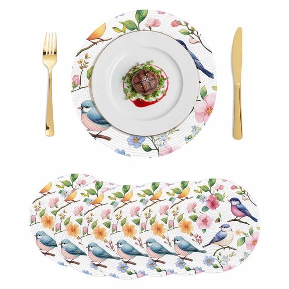 Spring Floral Birds Round 15 Inch Placemats Set of 6, Watercolor Birds Chic Flowers HeatResistant Non Slip Place Mats for Dining Table, Wipeable Braided Kitchen Table Mats for Housewarming