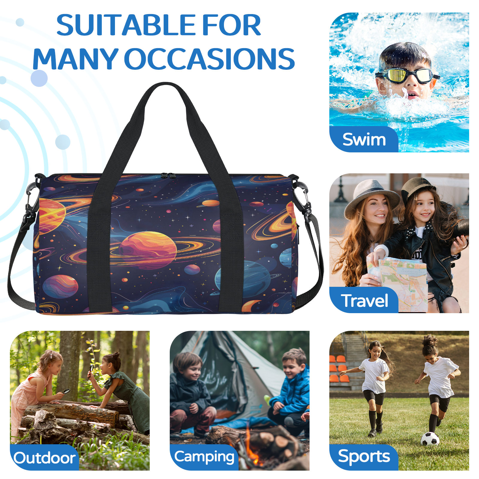 Herdesigns Planet Outer Space Colorful Galaxy Gym Bag for Women, Duffle Bag for Travel Sport, Lightweight Waterproof Carry on Weekender Overnight Dance Yoga Workout Bags