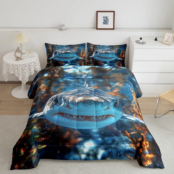Erosebridal Kawaii Shark Bedding Sets Queen with Comforter, Funny Sealife Duvet Insert, Ocean Animals Decor, Reversible 3 Pieces