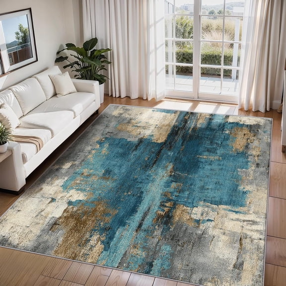 Teal Gray Abstract Area Rugs, Modern Carpet, Washable Non Slip Low Pile Soft Rug for Living Room Bedroom Decor Mat 2ftx3ft