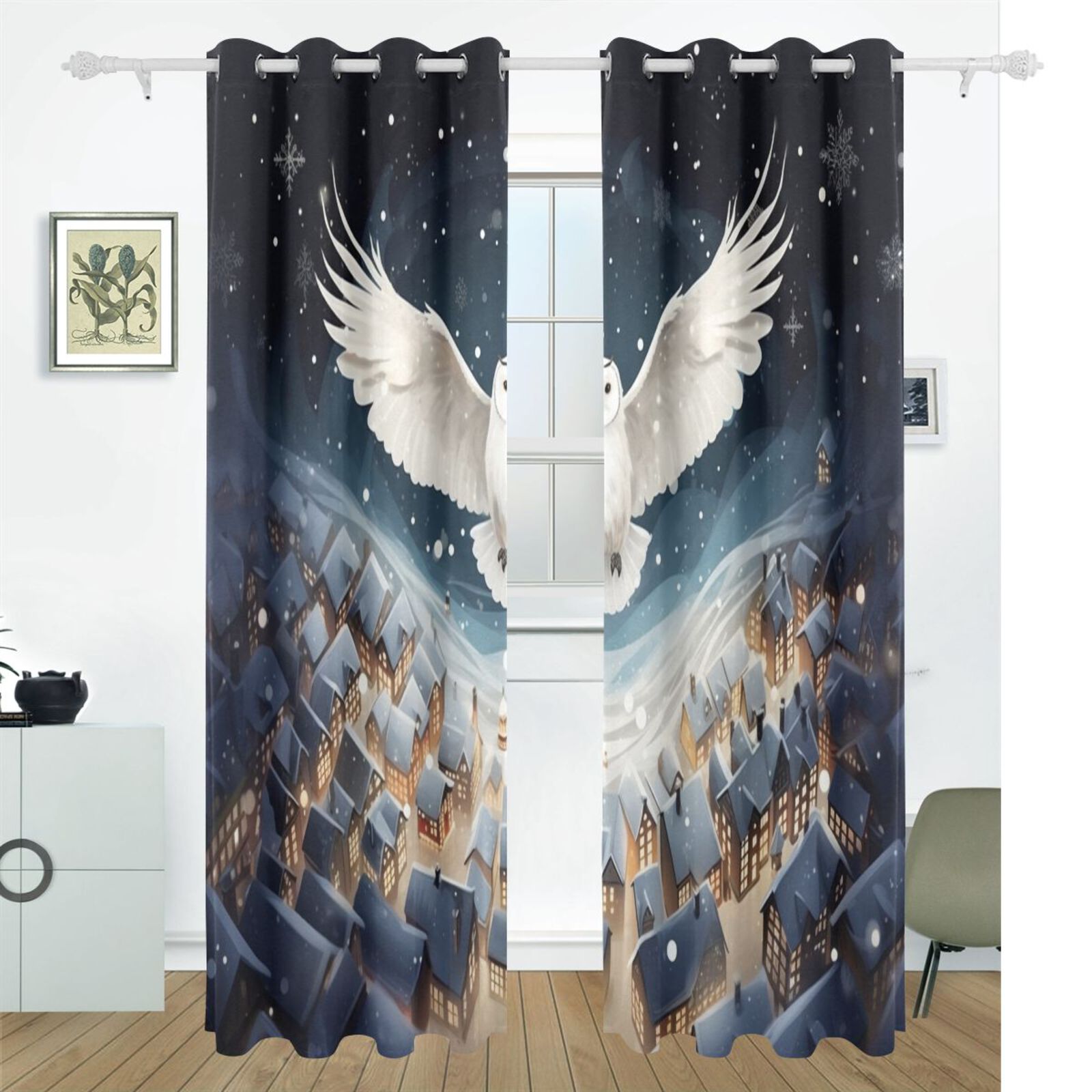 Owl Snowy Night Houses Black Out Curtains 72 Inch Length Curtains for Sliding Glass Doors Bedroom Living Room 2 Pack