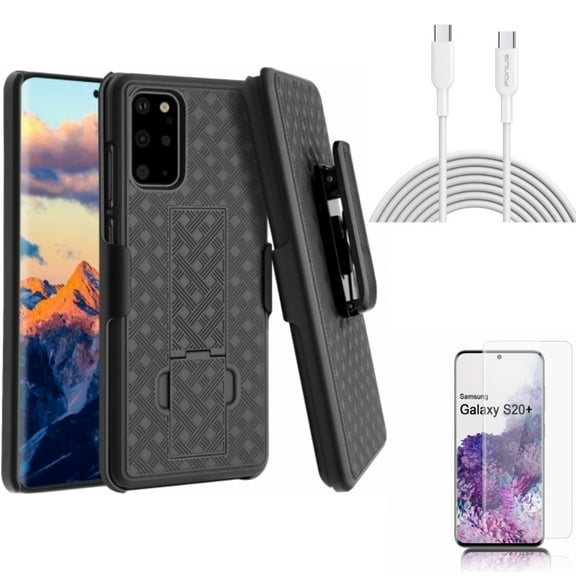 Screen Protector w 6ft Long Type-C Cable w Case Belt Clip for Samsung Galaxy S20 Plus - Tempered Glass [Fingerprint Unlock] 3D Curved Edge, PD Fast Charger Cord Power Wire fits Galaxy S20 Plus