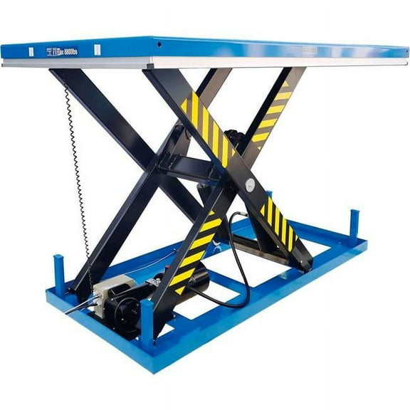 Global Industrial 293223 Power Scissor Lift Table - Blue - 86 x 47 in. - 55 in. Raised Height - 8800 lbs