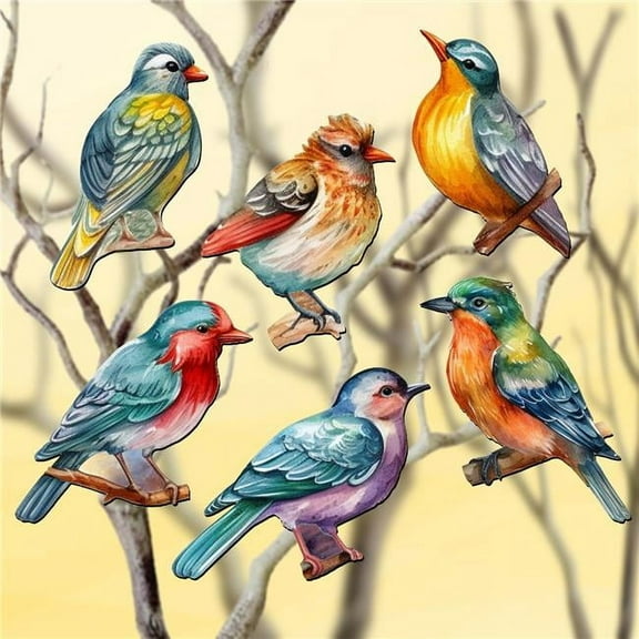 Designocracy 8090015C-S6 2 x 2 x 0.25 in. Forest Birds Decorative Wooden Clip-on Ornaments Christmas Decor, Set of 6