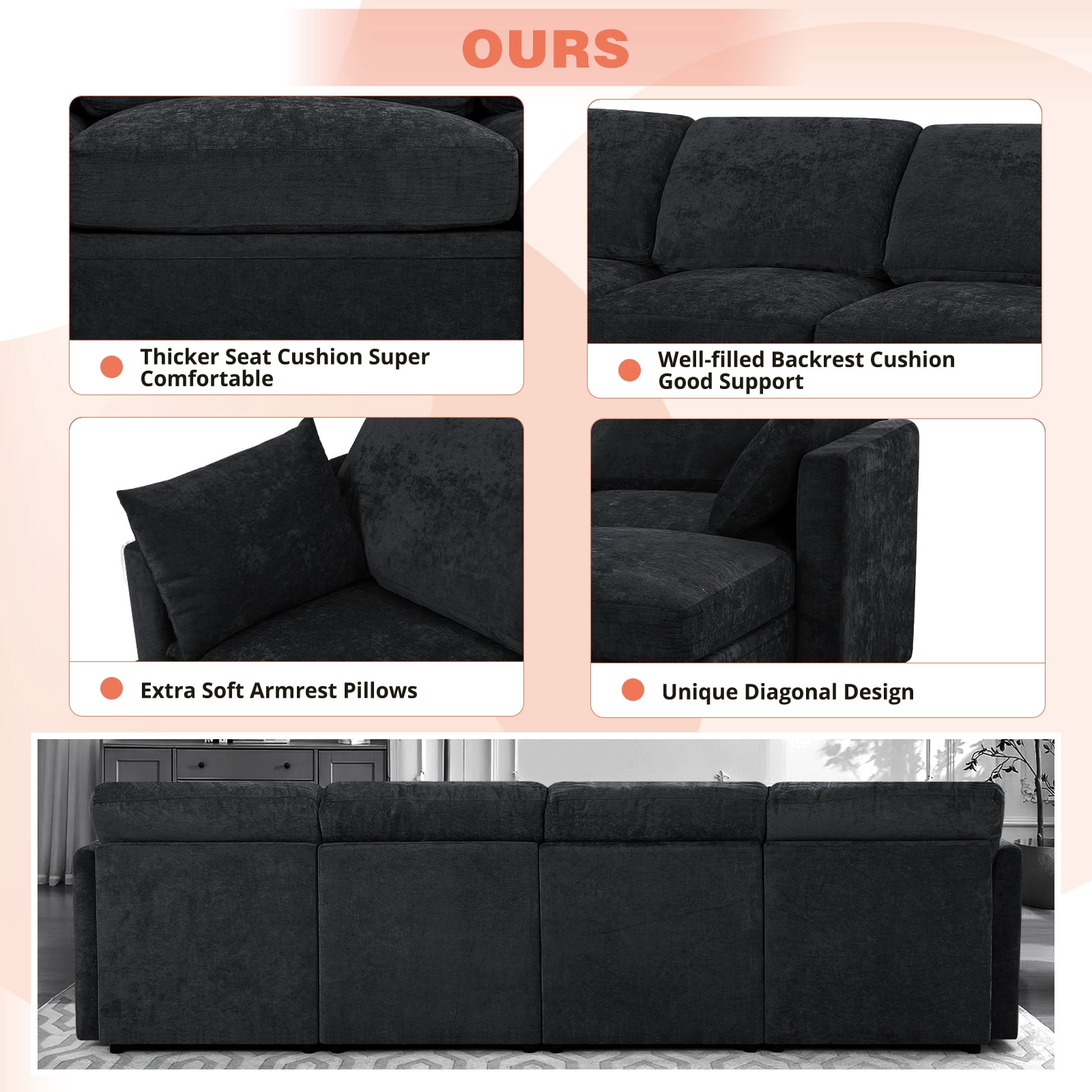 ACMEASE 110” Chenille 4 Seats Sofa W/2 Movable Ottoman, Modern Fabric U-Shaped Couch with Soft Backrest, Upholstered Sectional Sofa with Armrest Pillows for Living Room, Office, Black