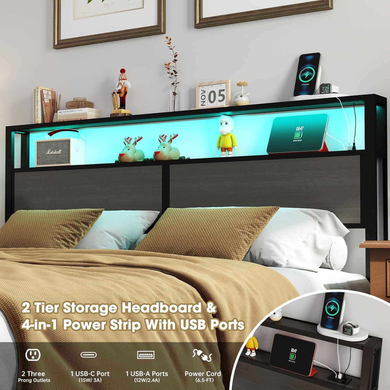 DRNANLIT Queen  Bed Metal Platform Bed Frame with LED Lights Storage Headboard＆Charging Station,Noise Free, Easy Assembly, Dark Grey