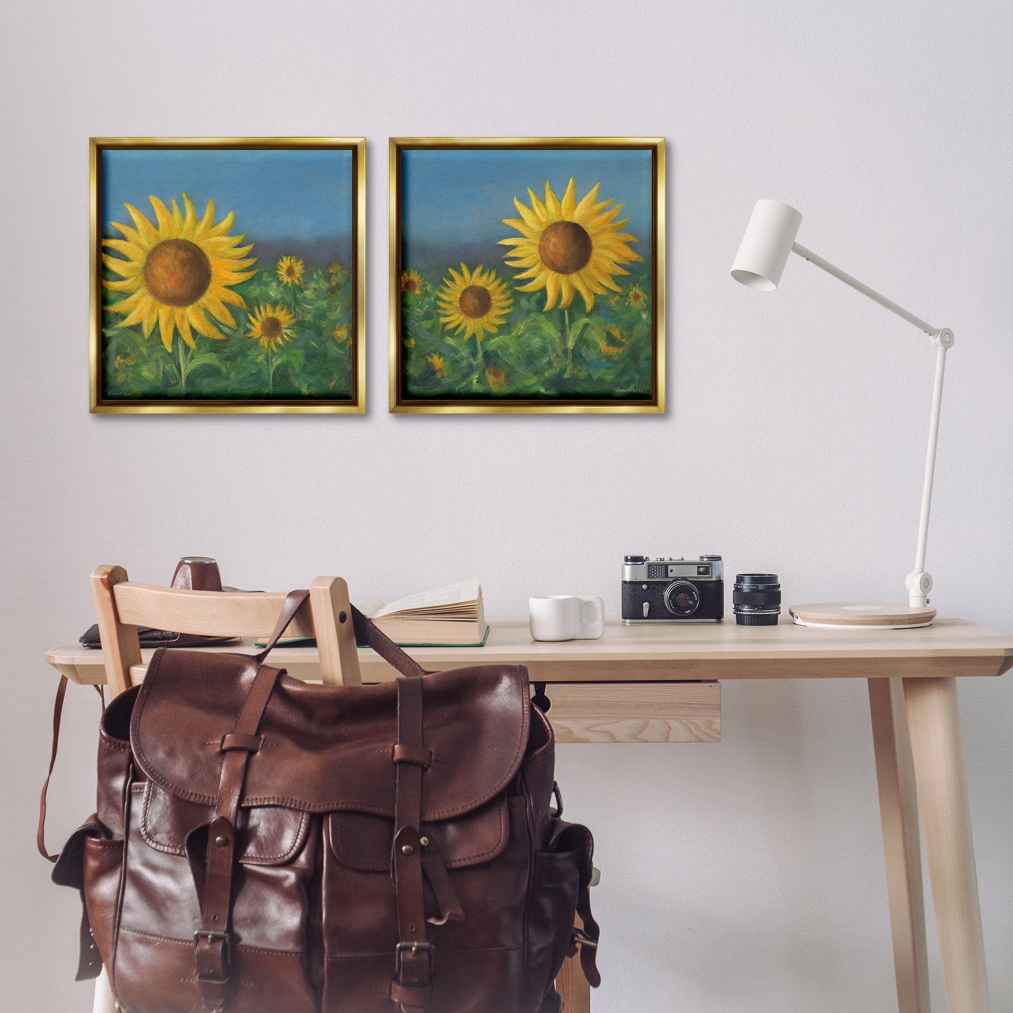 Stupell Industries Gorgeous Sunflower Field Plants & Flowers Painting Gold Floater Framed Canvas Art Print Wall Art, 18 x 18, Set of 2