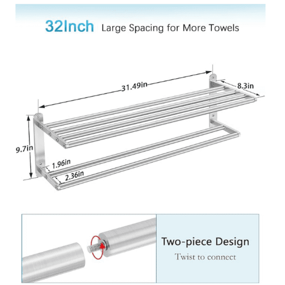 32 in Towel Racks for Bathroom, Bath Towel Shelf with Double Towel Bar, Stainless Steel Towel Storage for Lavatory Wall Mounted, 2-Tier Towel Hanger Towel Holder, Brushed Nickel