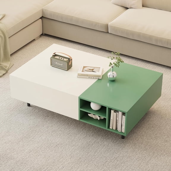gaoyangjiaju 51.18" Modern Minimalist Coffee Table with Sliding Drawers & Open Storage Shelves, Storage Coffee Table for Apartment, Living Room,or Office, White & Green