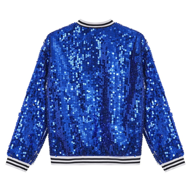 YONGHS Kids Girls Sparkly Sequins Baseball Coat Long Sleeve Disco Dance Party Bomber Jacket Royal Blue 12 Walmart