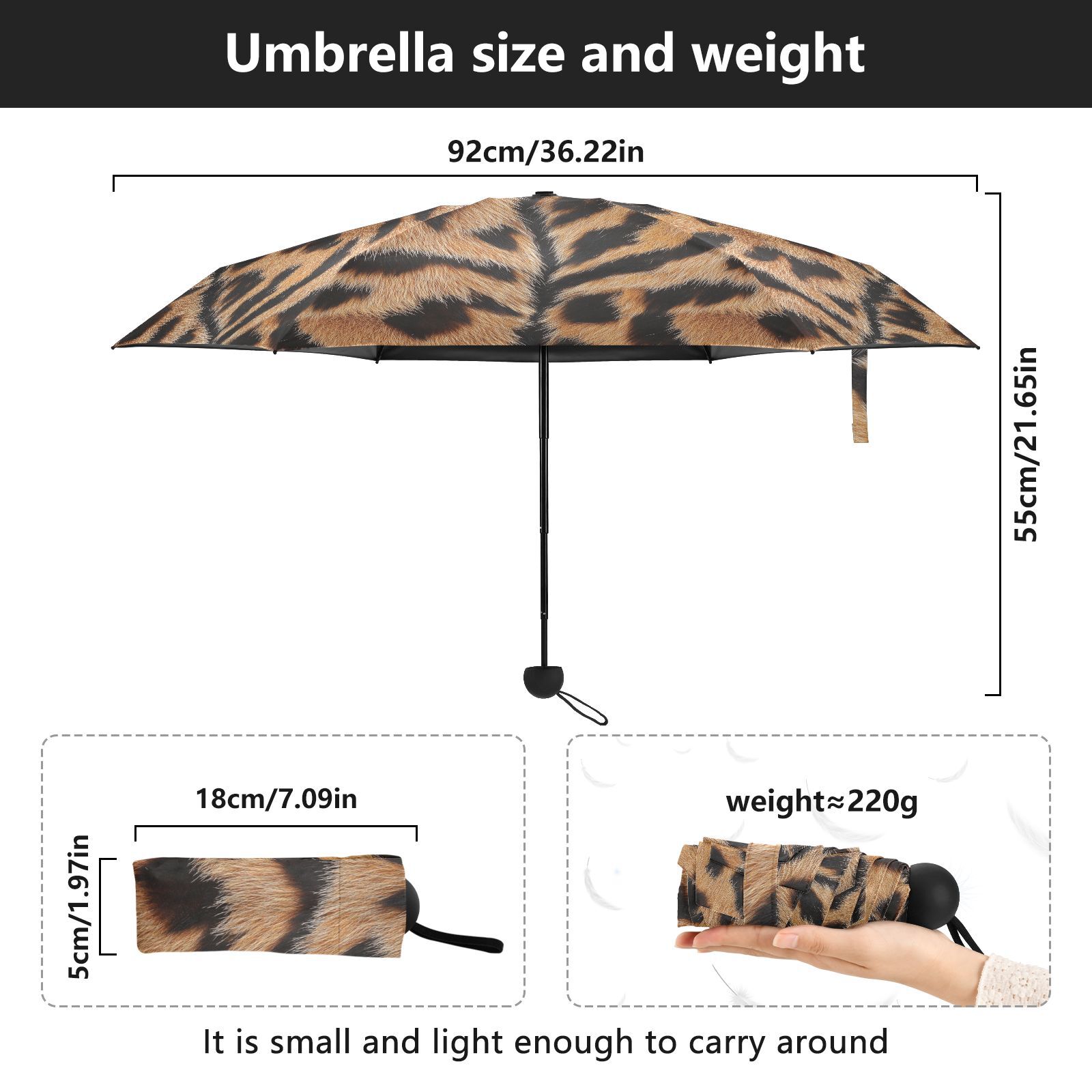 JSTEL Tiger Print Folding Umbrella for Rain Sun Travel Mini Lightweight Compact Umbrellas