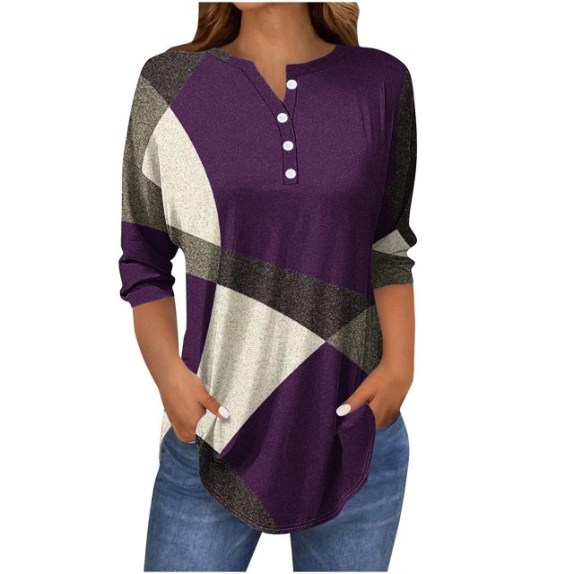 SwiftWear Blouse for Women Trendy 3/4 V-Neck Button Tops Summer Geometric Patterns Casual Tees 2025