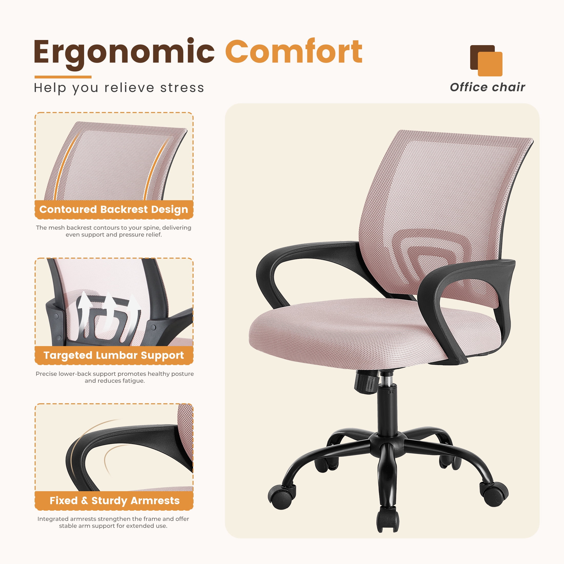 EDX Ergonomic Mid-Back Office Chair - Swivel Desk Chair with Lumbar Support, Breathable Mesh Backrest, Adjustable Height, Sponge Seat & Smooth Rolling Wheels, Pink