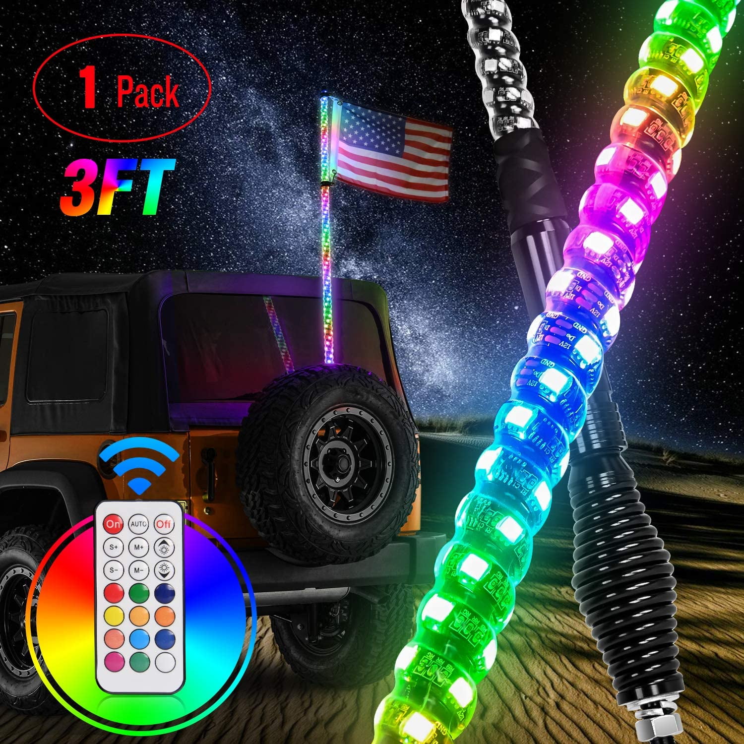 1.2M Beatto 2PCS 4FT Road Vehicle ATV UTV RZR Jeep Trucks Dunes. RF Remote Controll RGB LED Whips Light With Dacning/Chasing Light LED Antenna Light For Off 