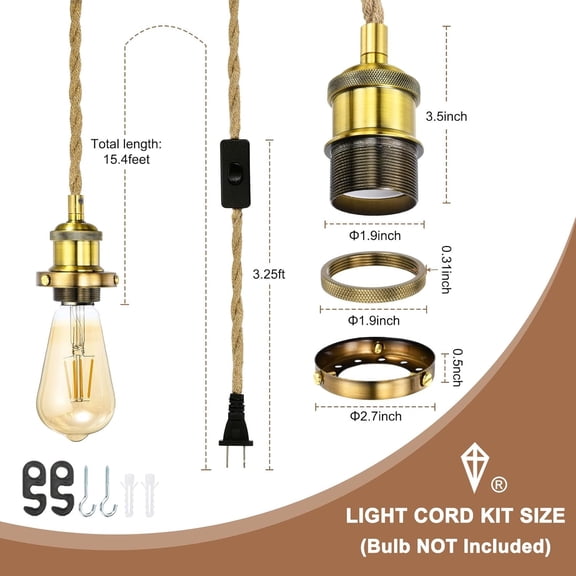 YNTVV-15.4Ft Pendant Light Cord Kit, Plug in E26 Socket Hanging Light with Switch Industrial Vintage Twisted Rope for Farmhouse Lamp Fixture DIY, Gold