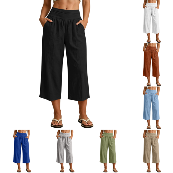 Pants for Women's Capris Loose Comfy Cotton Wide Leg Casual Cropped Pants with Pockets