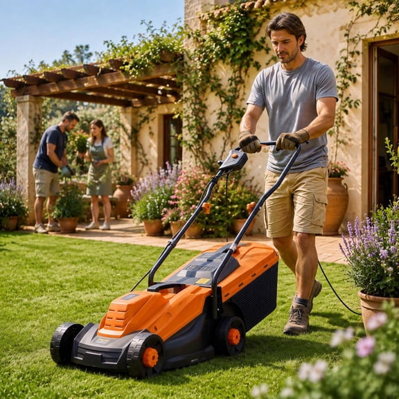 Corded Electric Lawn Mower, 13-Inch Cutting Deck, 12-Amp Motor, 3-Position Height Adjustment, 30L Grass Collection Bag, Orange