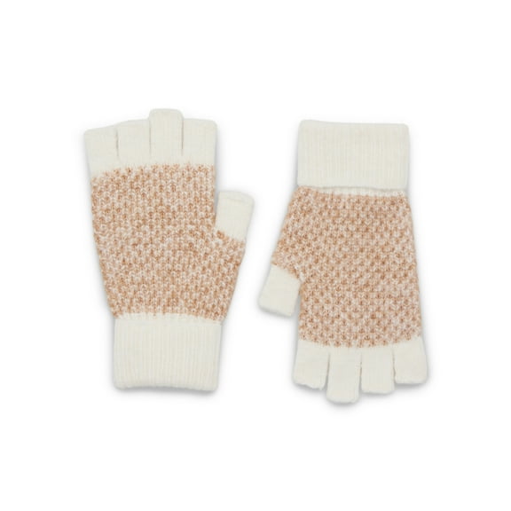 Time and Tru Women's Birdseye Cuffed Fingerless Gloves, Knit, One Size Fits Most, Winter White