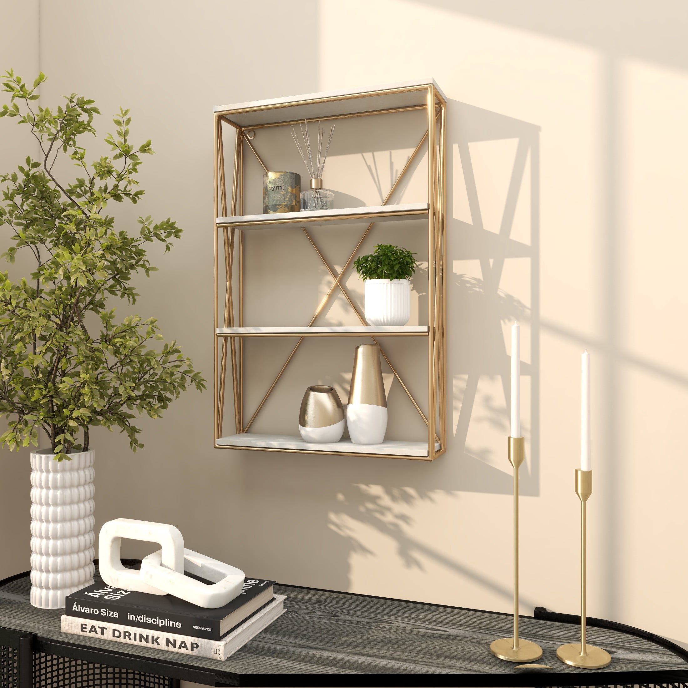 DecMode 16" x 4" 4-Tier Gold Wall Shelf with White Wooden Shelves