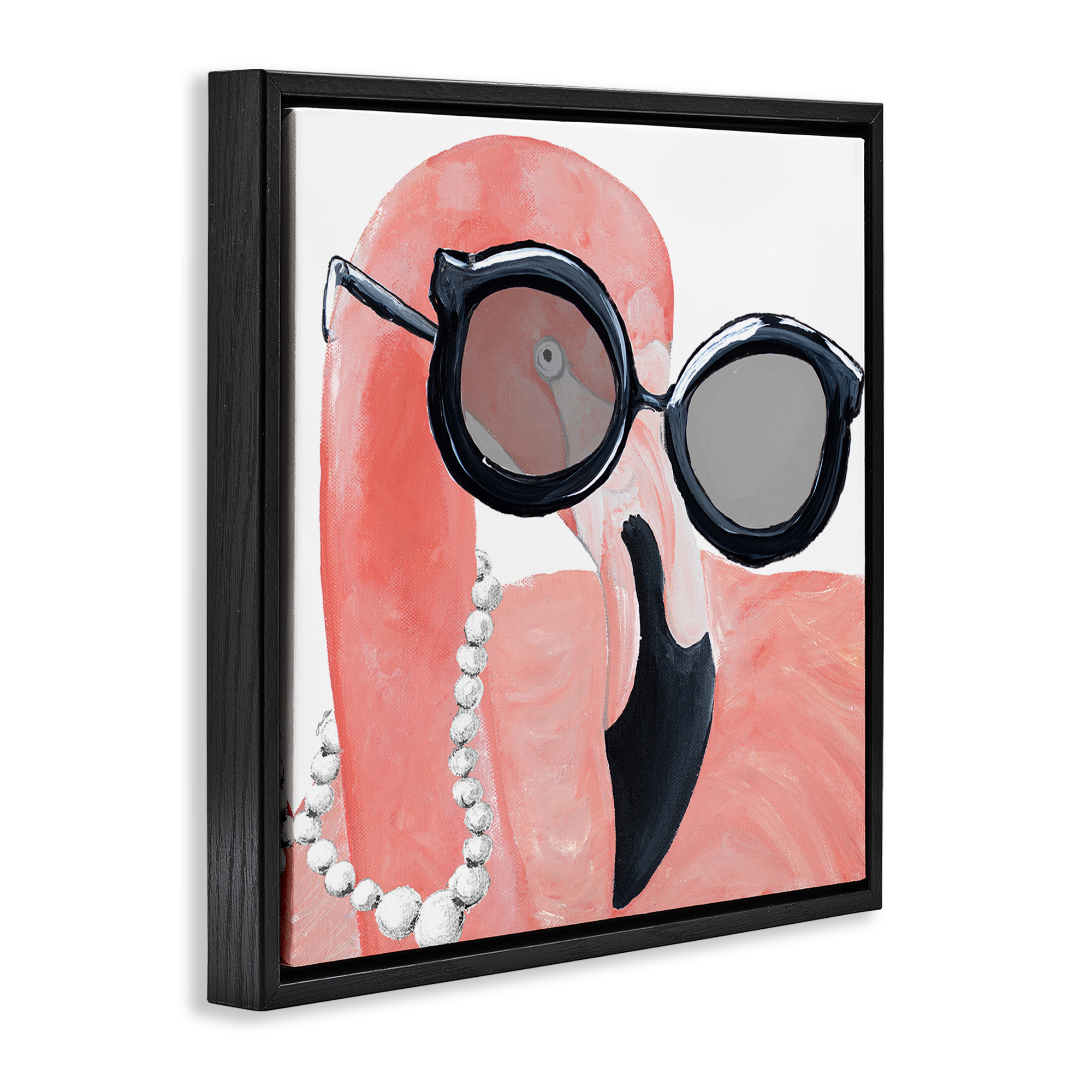 Stupell Industries Flamingo with Glam Pearls Animals & Insects Painting Black Floater Framed Canvas Art Print Wall Art, 18 x 18