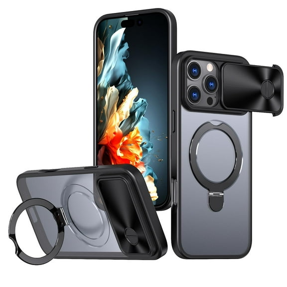Case For IPhone 16 Pro Max/16 Pro/16 Plus/16, Sliding Lens Protection Shell Magnetic Metal Bracket Cover Frosted Translucent Case