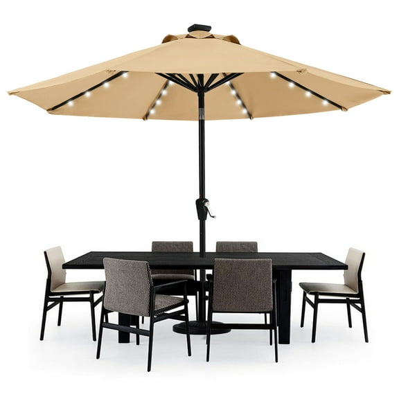 MASTERCANOPY 9ft Solar Patio Umbrella with LED Lights Tilt and Crank, Khaki