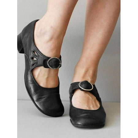 Women Mary Jane Fashion Flats Ladies Low Chunky Heel Vintage Shoes