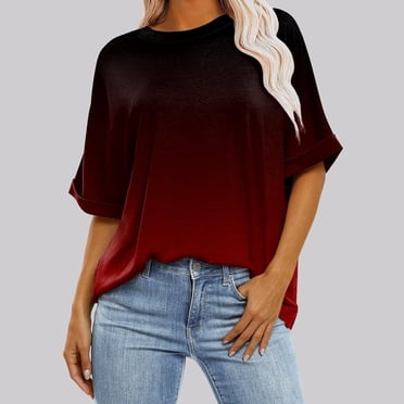 VKOYWKM T-Shirts pour Femmes Manches Mi-Longues Col Rond T-Shirts Décontractés Tuniques Amples Hauts Tendance Imprimé Dégradé T-Shirts Confortables Légers Hauts d'Été Taille P Rouge