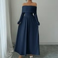 thumbnail image 5 of Women's One Shoulder Long Sleeve Dress, French Style Belted Waist Midi Dress, Elegant Evening Dress for Weddings or Galas, Navy - M, 5 of 6
