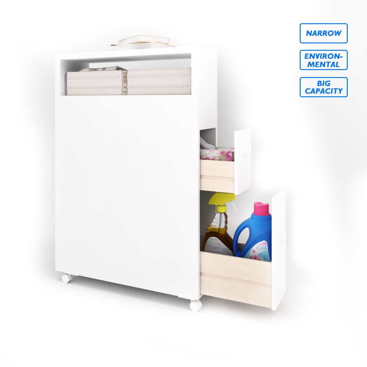 Wood Floor Bathroom Storage Rolling Cabinet Holder Organizer Bath Toilet White