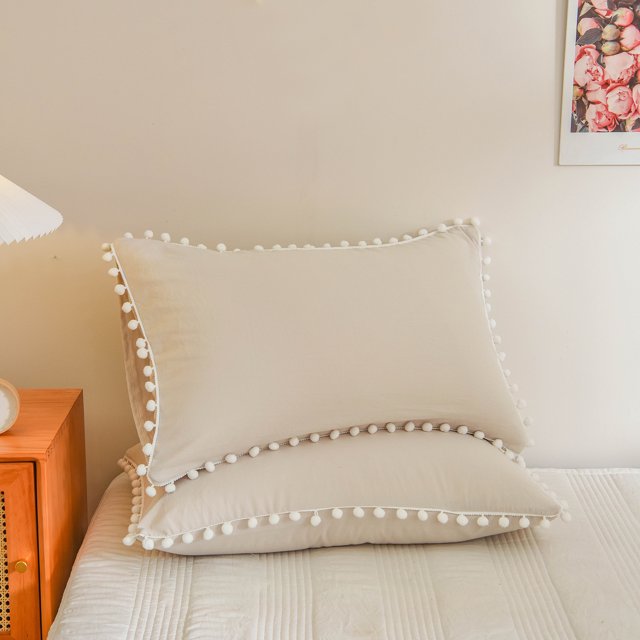 Move Over Beige Grey Pillowcases Queen, Boho Pillow Cover Set of 2, Washed Microfiber White Pom Fringe Pattern, 3 Pack