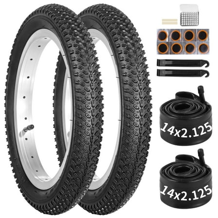 2 Pcs Youngster Mountain Bike Tire Set, 14 x 2.215 Inches Replacement Tires with Inner Tubes & Repair Kit, Shock Absorption MTB Bicycle Tire with AV Valve, Electric Bike Tires, Max Load 154 Lbs