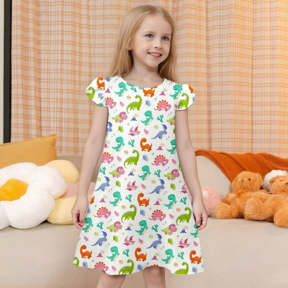 WOYY Girl Dinosaur Prints Sleeveless Dress Summer Casual Beach Dress, Sizes 3-10