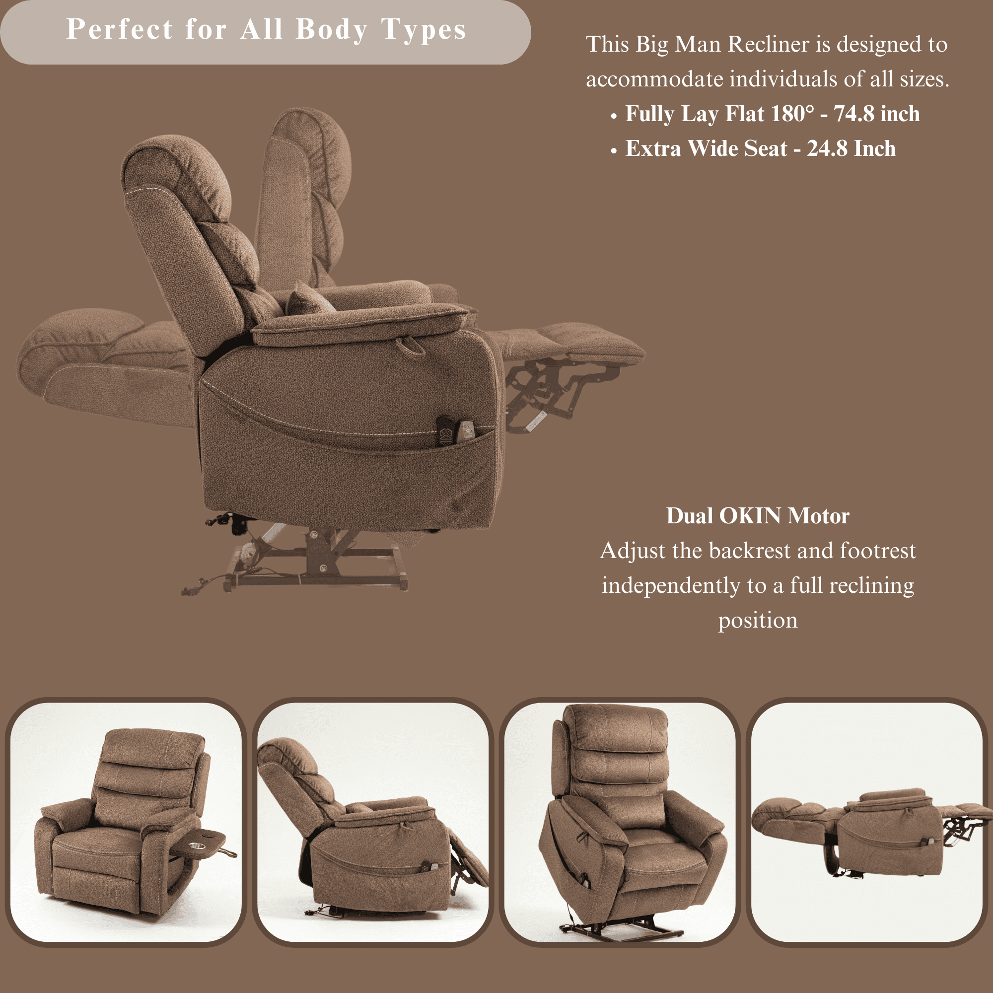 JUUXO Power Lift Recliner Chair for Elderly Adults Wide Recliner Chair with Wireless Charger, Cup Holder, and Lumbar Pillow - Chenille Brown