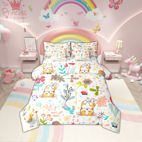 YST Kids Corgi Comforter Set With Sheets Full Size Cute Dog Bed In A Bag 7 Piece Cartoon Botanical Floral Puppy Bedding Set For Boys Girls Kawaii Pet Animal Sheet Set With Comforter